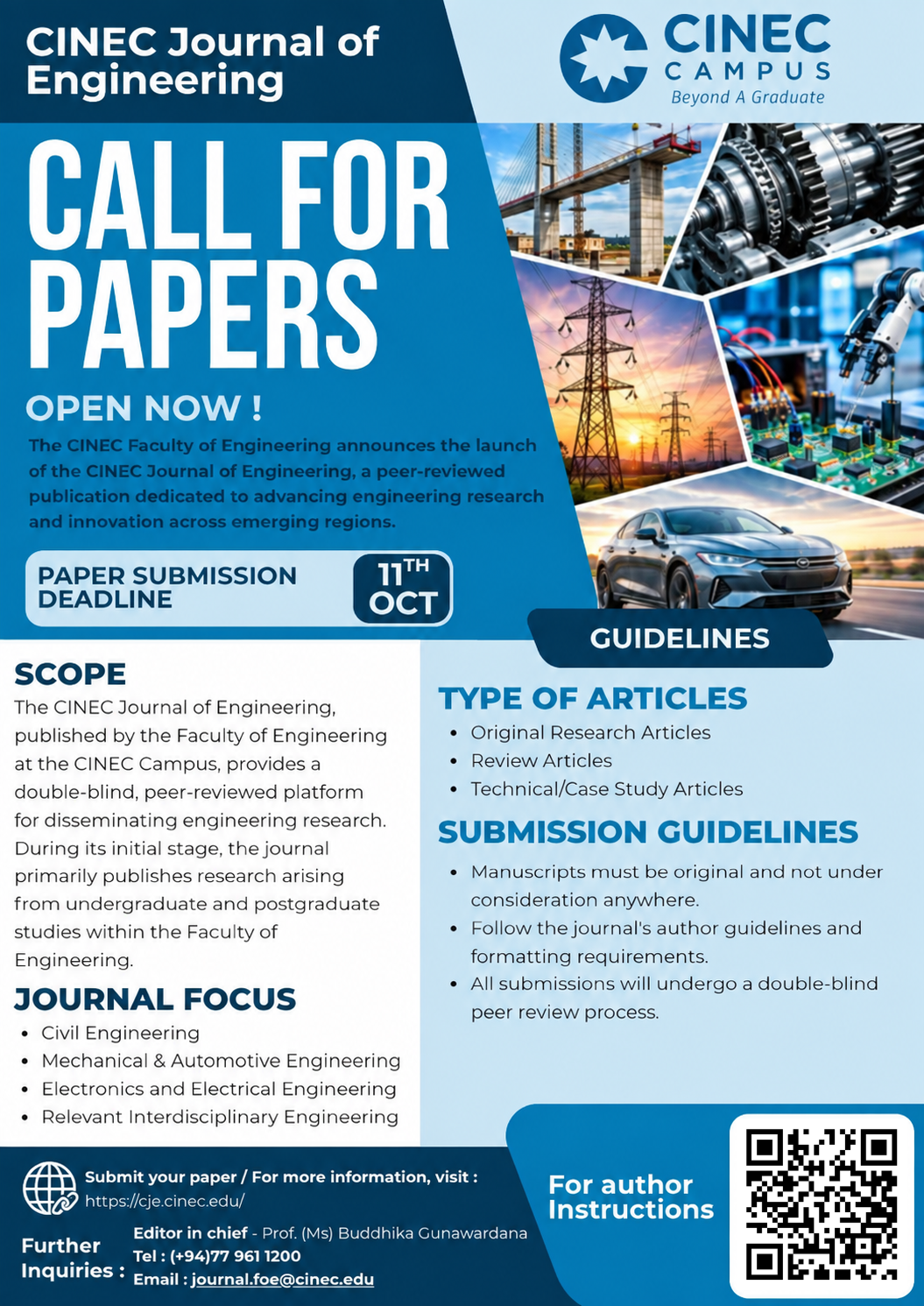 CINEC Journal of Engineering call for papers poster with submission guidelines and deadline